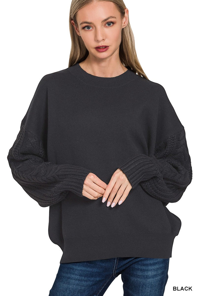 1-CABLE KNIT SLEEVE ROUND NECK SWEATER