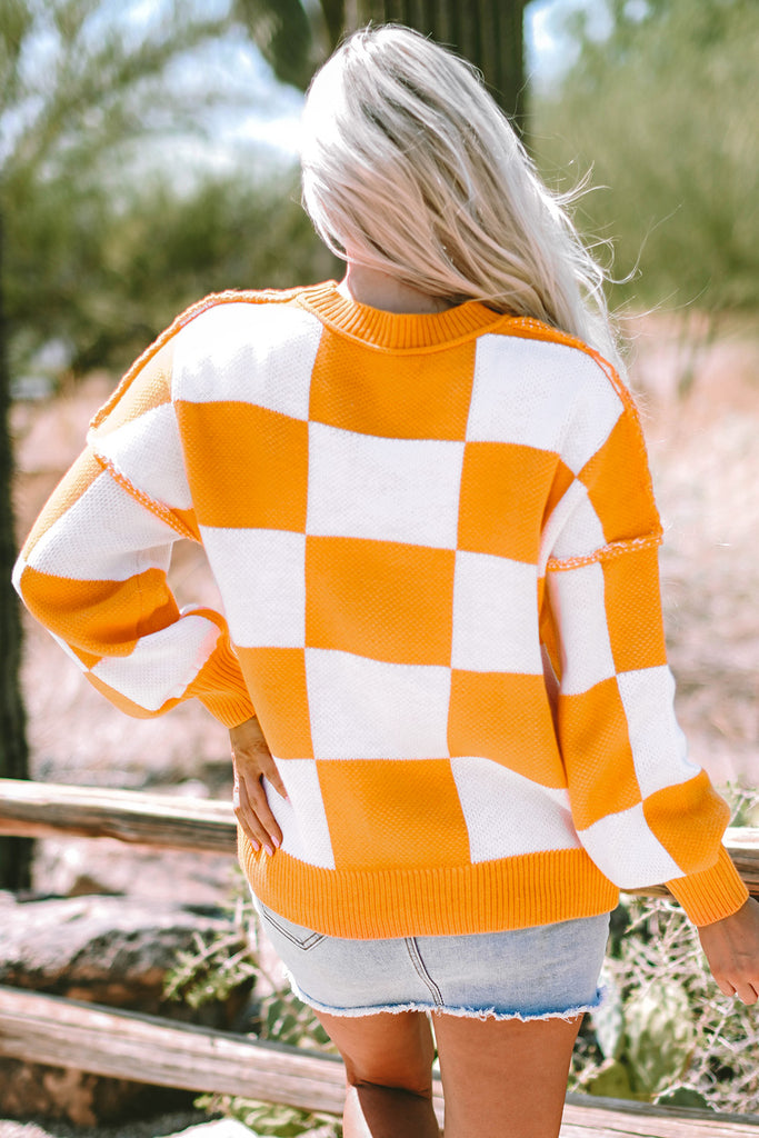 Ava Orange Checkered Sweater