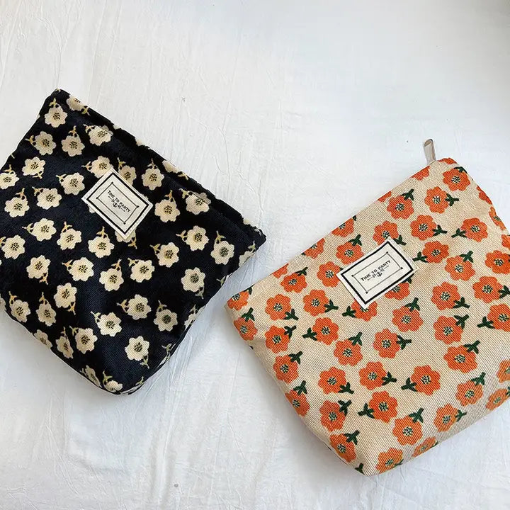 Corduroy Retro Floral Makeup Bag