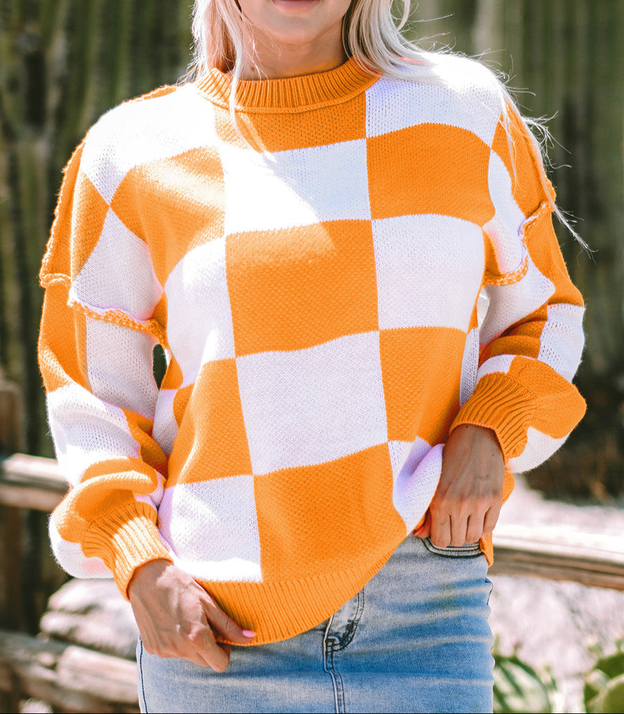 Ava Orange Checkered Sweater