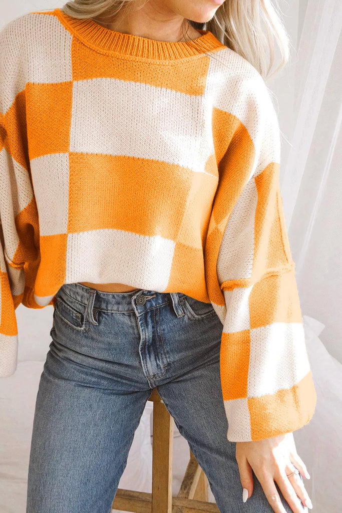 Ava Orange Checkered Sweater